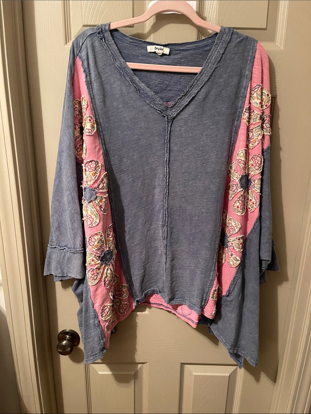 Blue Velvet, L, Washed Blue V-Neck Tunic with Pink Floral Sleeve Panels